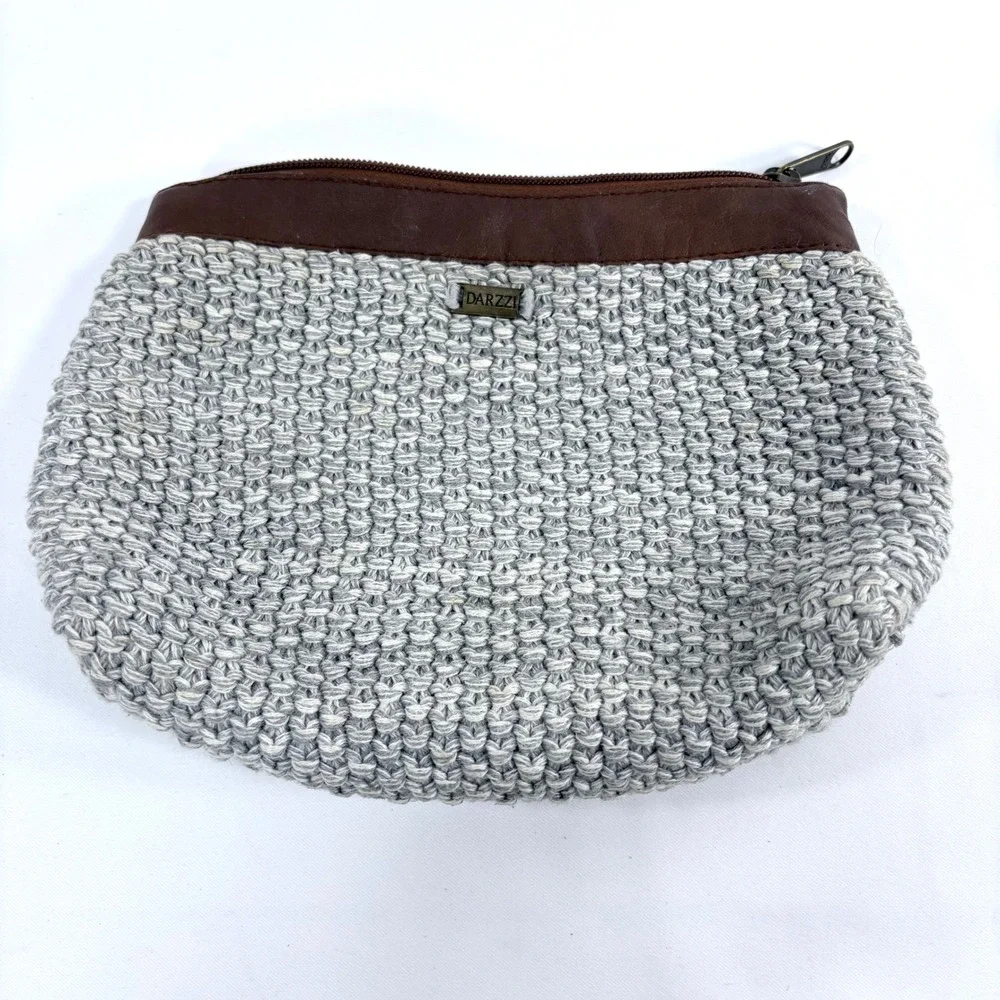 Darzzi Pouch Grey White Knit Brown‎ Leather Trim Zippered Cosmetic Bag Clutch